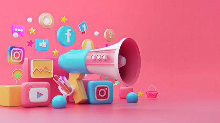 Megaphone and social media icons on pink background. 3d illustrationの素材