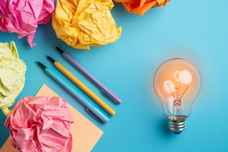 Light bulb and crumpled paper balls with pencils on blue backgroundの素材