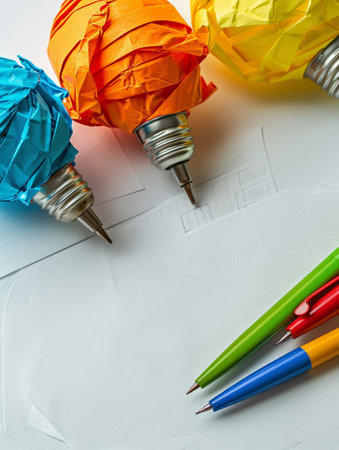 Colored crumpled paper balls and pencils on white backgroundの素材