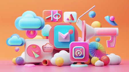 3d render of cloud computing concept with social media icons and objectsの素材