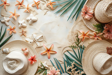 Flat lay of straw hat, palm leaves and flowers on sand backgroundの素材