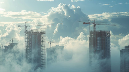 3d render of building under construction against blue sky with white cloudsの素材
