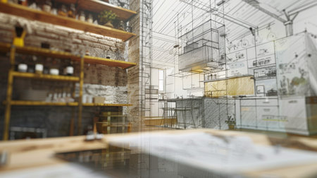3d rendering of a coffee shop with a lot of shelves.の素材