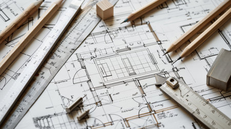 Architectural plans and tools on the table of the engineer.の素材