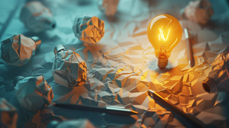 Light bulb on crumpled paper as creative concept. 3D renderingの素材