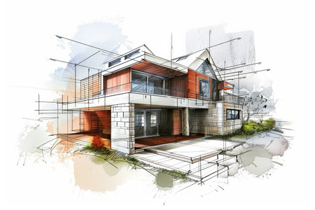 3d rendering of modern cozy house with garage for sale or rent. Black line sketch with watercolor on white background.の素材