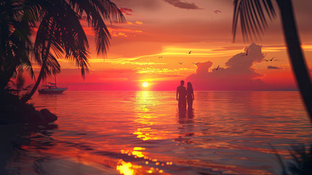 Couple in love on a tropical beach at sunset. A man and a woman are standing in the water.の素材