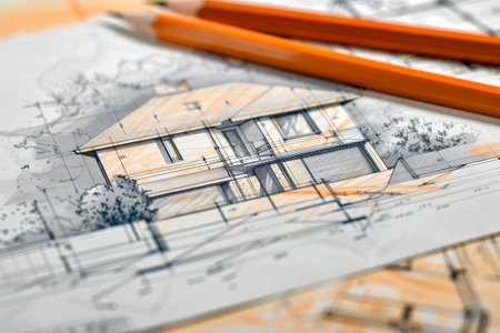 Architectural project with blueprints and pencils, closeupの素材