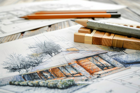 Architectural project with drawing tools and rolls of blueprints on wooden tableの素材