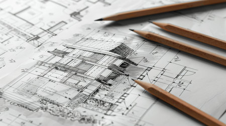 Architectural blueprints with pencils, closeup of photoの素材