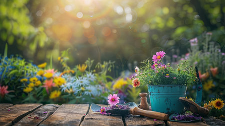 A wooden table topped with a blue pot filled with colorful flowers, surrounded by garden tools, against a blurred natural background.の素材