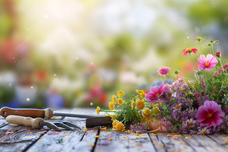 A wooden table is covered in a variety of colorful flowers and garden tools, set against a blurred natural background.の素材