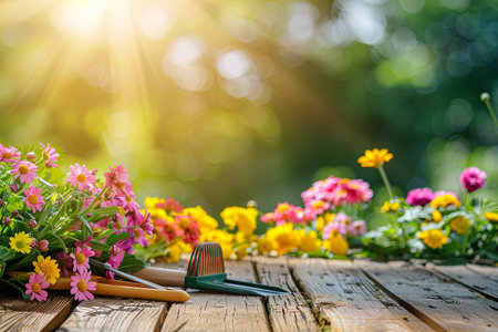 A wooden table topped with a variety of vibrant flowers and gardening tools, set against a blurred natural background.の素材