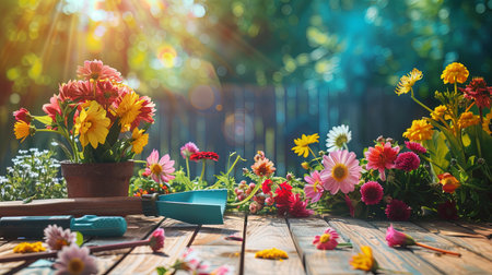 A wooden table is covered with an abundance of vibrant flowers and garden tools, set against a blur of natural elements in the background.の素材