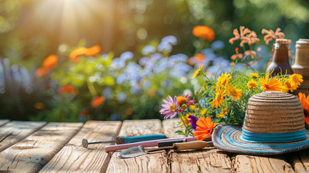 A wooden table covered with a gardening hat and various tools, set against a blurred natural background.の素材