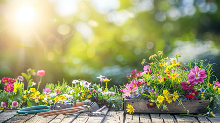 Colorful flowers and garden tools arranged on a wooden table, set against a blurred natural background.の素材