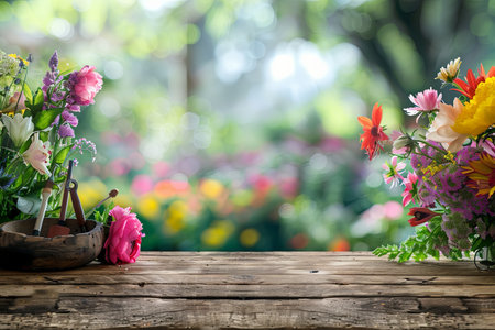 A wooden table is covered with a variety of vibrant flowers and garden tools, set against a blurred natural background.の素材