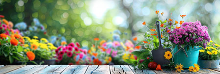 A wooden table is adorned with a vibrant display of diverse flowers, creating a striking and cheerful scene against a blurred natural backdrop.の素材