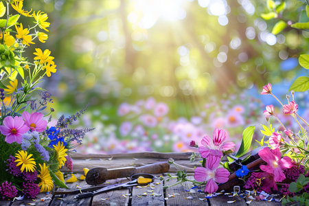 A variety of colorful flowers arranged on a wooden table, accompanied by garden tools, against a blurred natural background.の素材