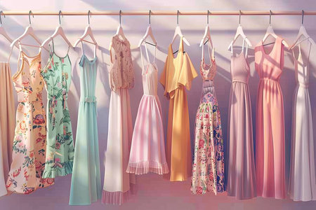 Dresses and shirts hanging on a clothes line in a fashionable womens closet wallpaper.の素材