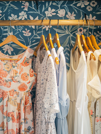 Collection of summer dresses and shirts hanging on hangers in a fashion designer store.の素材