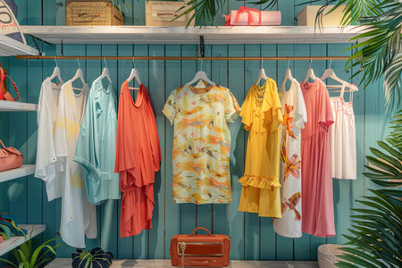 Various dresses and shirts hanging on a rack in a womens clothing showroom, showcasing summer closet fashion.の素材