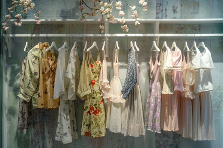 Collection of stylish womens dresses and shirts neatly displayed on hangers in a summer closet.の素材