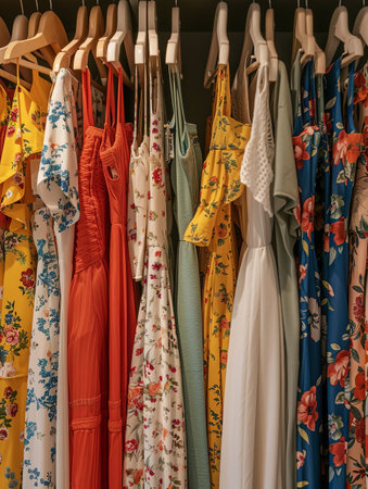 Various dresses hanging on a rack in a summer closet or designer dresses store, showcasing a fashionable womens clothing showroom.の素材