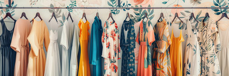 Fashionable womens closet wallpaper with summer dresses and shirts on hangers, representing a creative concept of a designer clothing showroom.の素材