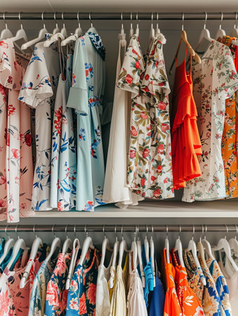 Various dresses and shirts are displayed on hangers in a fashionable womens closet. This is a creative concept for a clothing showroom or designer store.の素材