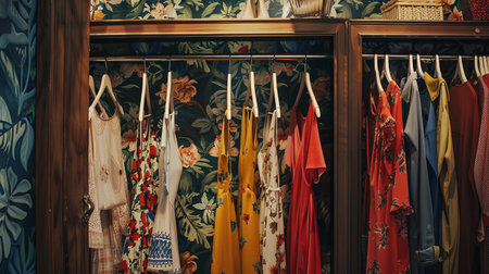 Closet stacked with various vibrant clothes including summer dresses and shirts on hangers.の素材