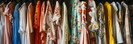 A closet filled with various colored shirts on hangers, creating a vibrant and lively display of fashionable womenswear.の素材