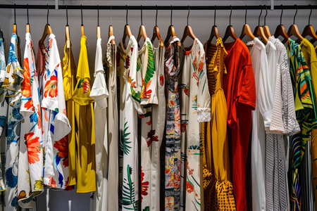 A collection of shirts hanging neatly on a clothes rack, suitable for womens fashion display or closet organization.の素材