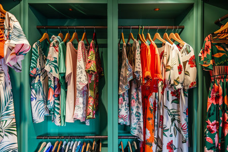 Closet filled with vibrant dresses and shirts on hangers, depicting a creative concept for a womens clothing showroom.の素材