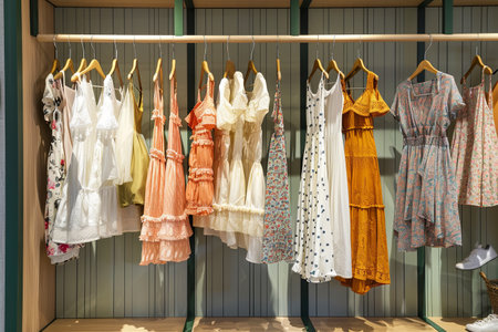 Several colorful dresses and shirts hanging on hangers in a fashionable womens closet showroom.の素材