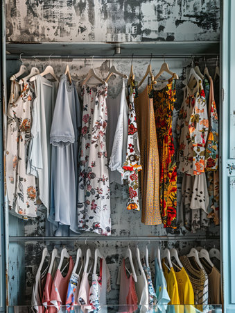 Closet packed with vibrant, summer dresses and shirts on hangers in a fashionable womens clothing showroom.の素材