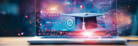 A laptop displaying an online graduation ceremony, with a graduation cap perched on top.の素材