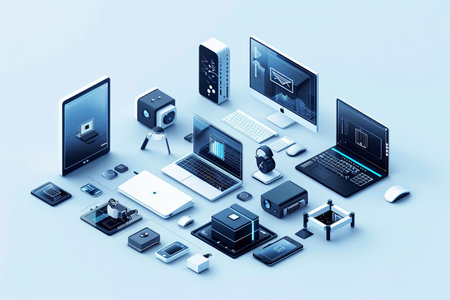 Isometric icon of computers, laptops, liaisons, and technology equipment in white and blue colors. Ideal for computer service or tech repair banners.の素材