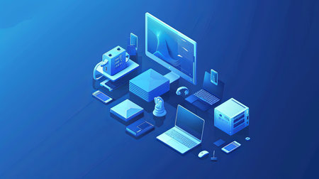 A desktop computer resting on a blue surface, symbolizing technology and connectivity.の素材