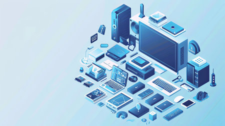 Various electronic devices laid out on a blue background, including computers, laptops, and liaisons. Ideal for computer service and tech repair concepts.の素材