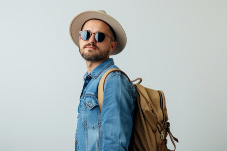 A man in a denim shirt, sunglasses, hat, and backpack, standing on a white background.の素材