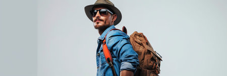 A man wearing a denim shirt, sunglasses, and a hat, carrying a backpack on a white background.の素材
