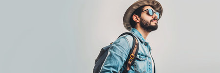 A man in a denim shirt, sunglasses, hat, and backpack standing against a white background.の素材