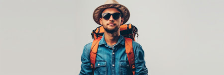 A man wearing a denim shirt, sunglasses, and a hat with a backpack on his back against a white background.の素材