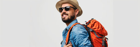 A man wearing a denim shirt, sunglasses, hat, and backpack, standing against a white background.の素材