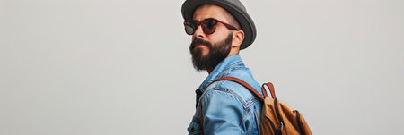 A man with a beard wearing a hat, sunglasses, and denim shirt, carrying a backpack on a white background.の素材