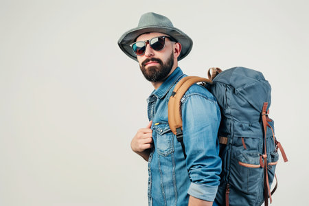 A man with a beard wearing a denim shirt, sunglasses, hat, and backpack on a white background.の素材