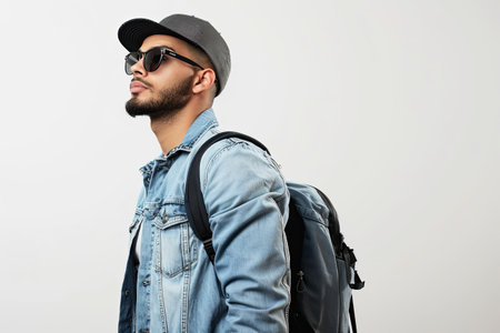 A man wearing sunglasses, denim jacket, hat, and backpack stands confidently against a white background.の素材