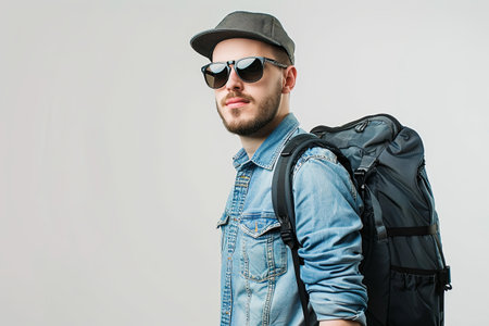 A man in a denim shirt wearing sunglasses, a hat, and a backpack standing against a white background.の素材