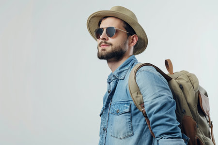 A man in a denim shirt wearing sunglasses and a hat carries a backpack on a white background.の素材